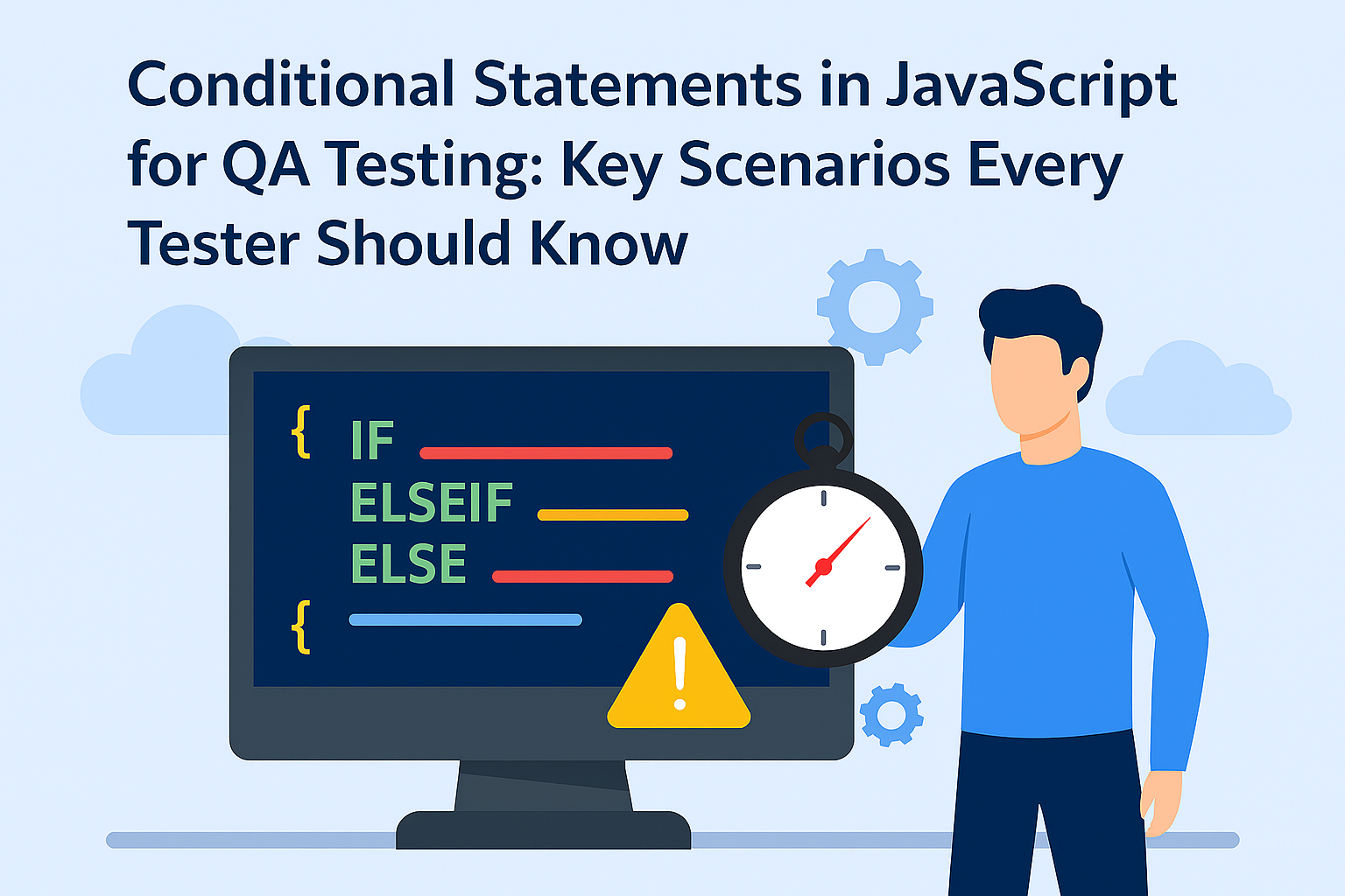 Illustration of JavaScript conditional statements on a computer screen with QA testers and developers collaborating