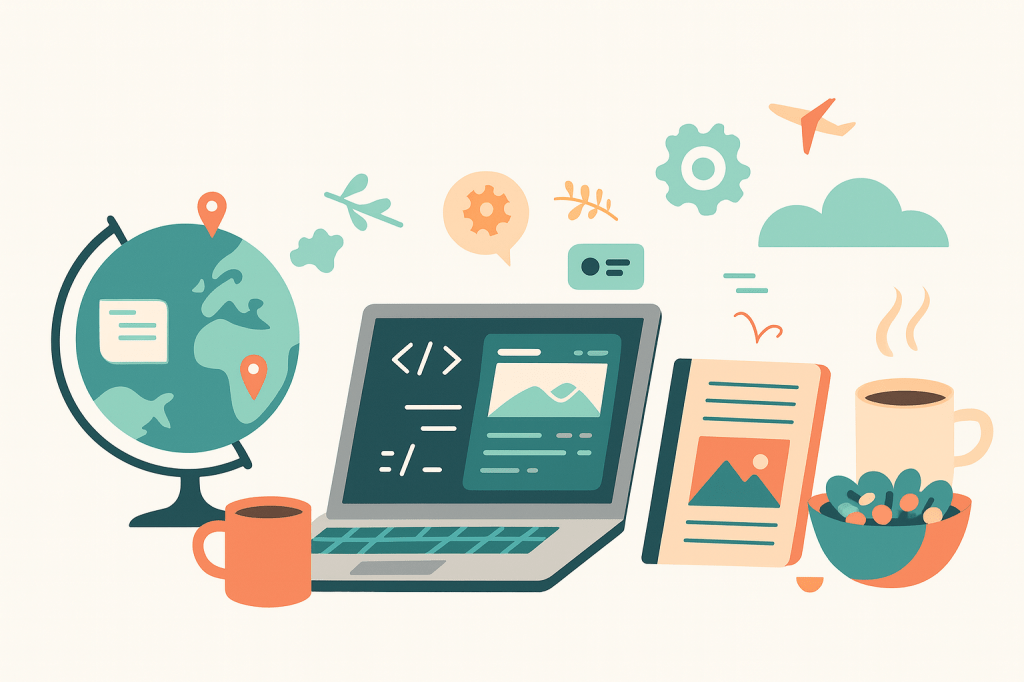 Flat-style illustration showing a laptop with code, globe with location pins, coffee mug, salad bowl, and notebook — representing a personal blog about technology, travel, and everyday life.