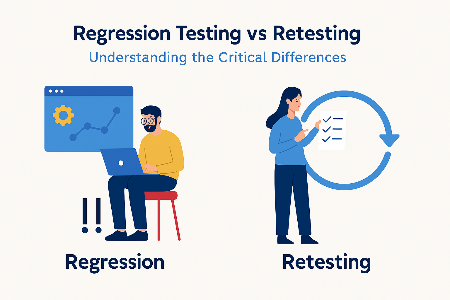 Infographic comparing regression testing and retesting in software quality assurance, highlighting critical differences with visuals of gears for regression and magnifying glass for retesting.