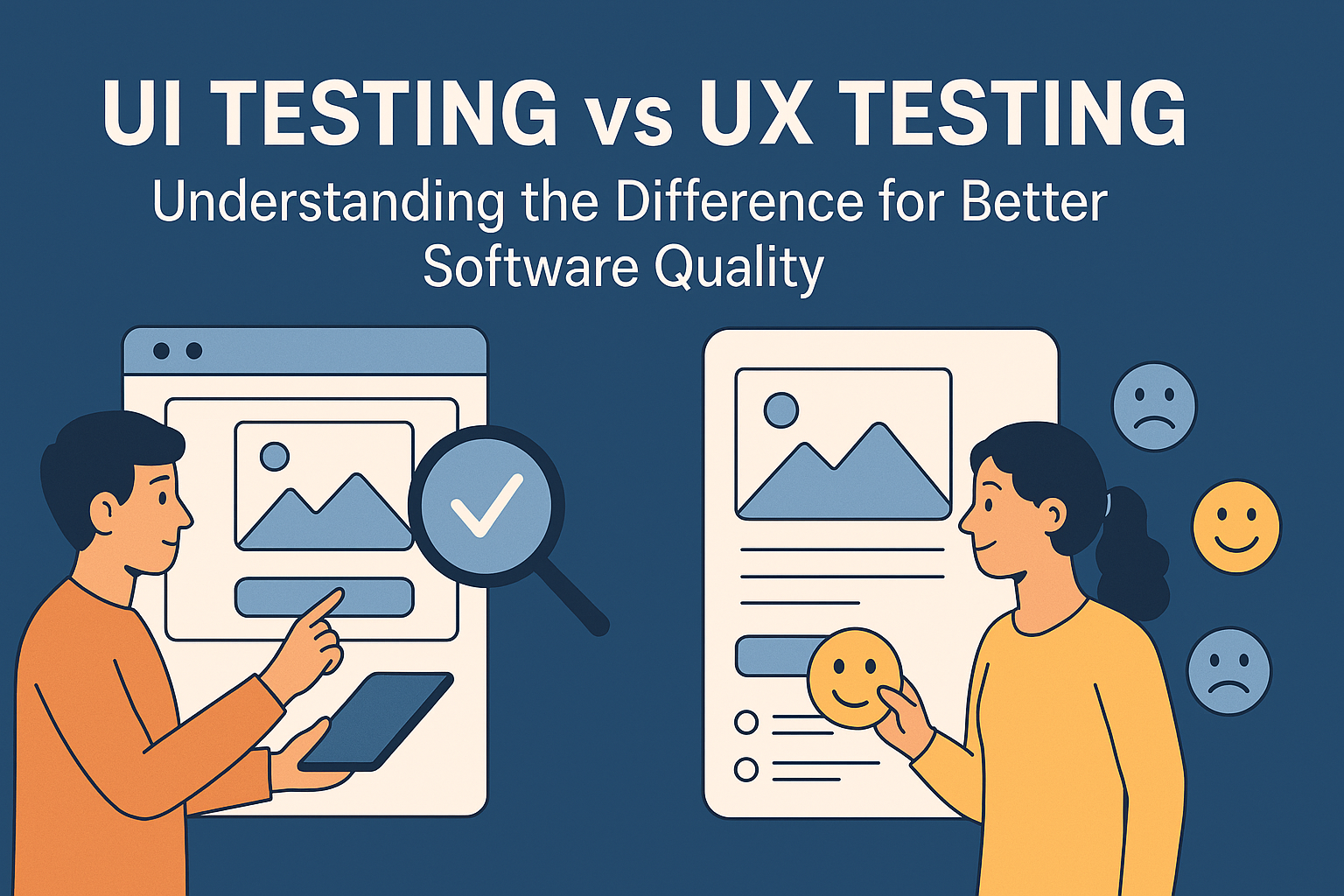 Illustration comparing UI testing and UX testing with interface elements on one side and user experience feedback on the other
